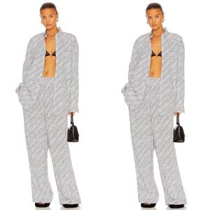 Balenciaga Micro Logo Brand Print Cotton Wide Leg Pants in White Black